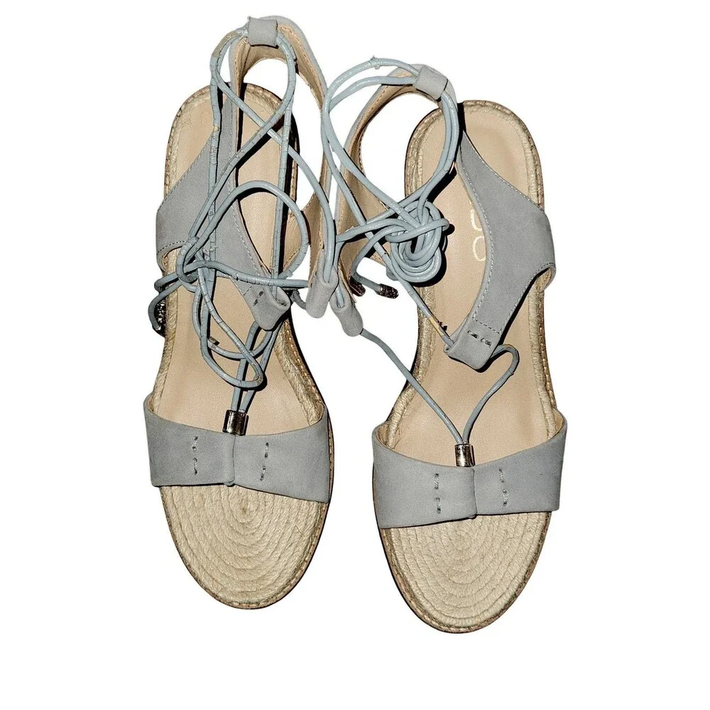 ALDO Terisa Wedge Light Blue Leather Wood Heel Boho Lace Up Sandal Sz 6.5